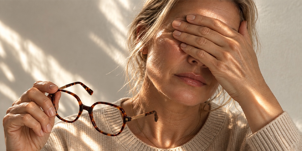 Femme se frottant les yeux en tenant ses lunettes
